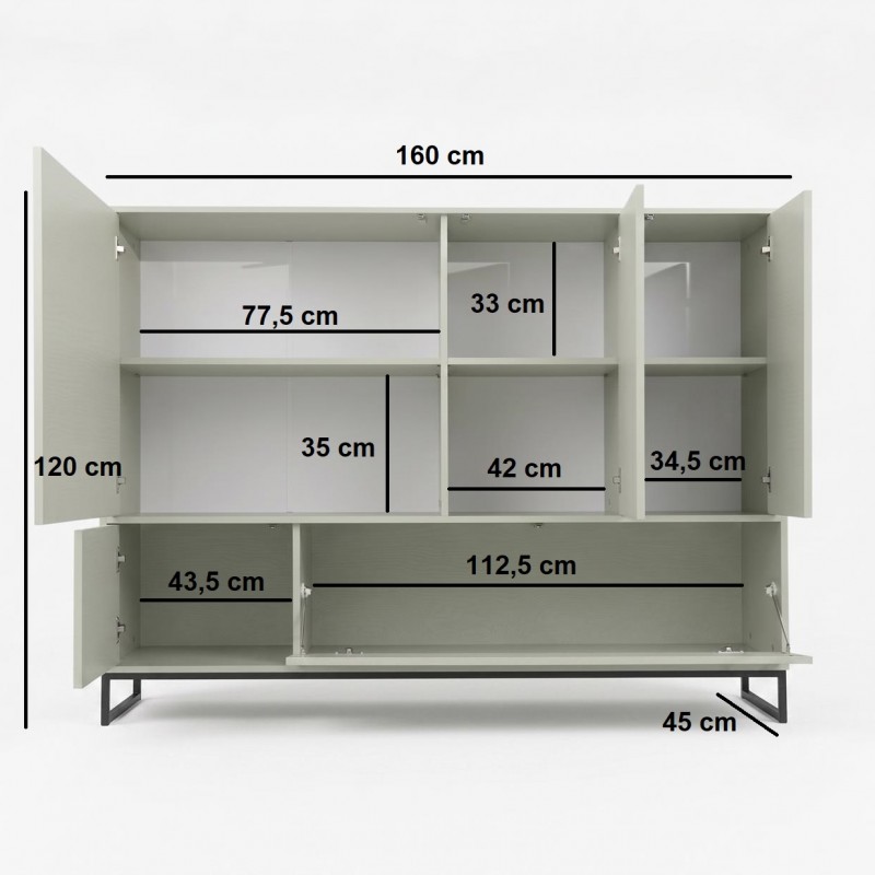 Hohe Kommode GENUA 160 cm in Hellgrün, Eukalyptus, Loft, Japandi, Push-to-Open, Metallgestell 4/9