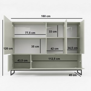 Hohe Kommode GENUA 160 cm in Hellgrün, Eukalyptus, Loft, Japandi, Push-to-Open, Metallgestell 4/9