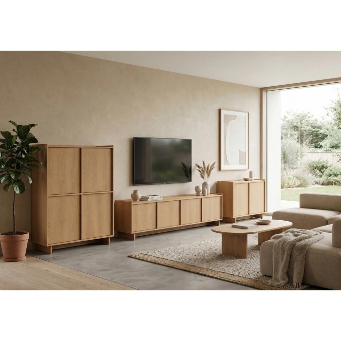 SUNA Highboard Japandi Design Kommode Eiche Caramel grifflos 124 cm hoch