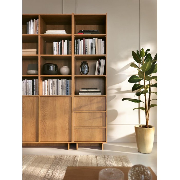 SUNA Bücherregal Japandi Design Eiche Caramel 50 cm breit 3 Schubladen 200 cm hoch