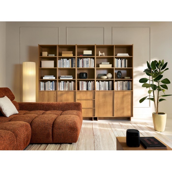 SUNA Bücherregal Japandi Design Eiche Caramel 50 cm breit 3 Schubladen 200 cm hoch