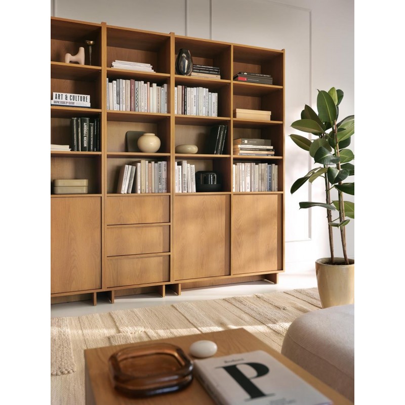 SUNA Bücherregal 98 cm breit Japandi Design Schrank Eiche Caramel grifflos 200 cm hoch 3/9