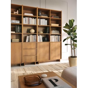 SUNA Bücherregal 98 cm breit Japandi Design Schrank Eiche Caramel grifflos 200 cm hoch 3/9