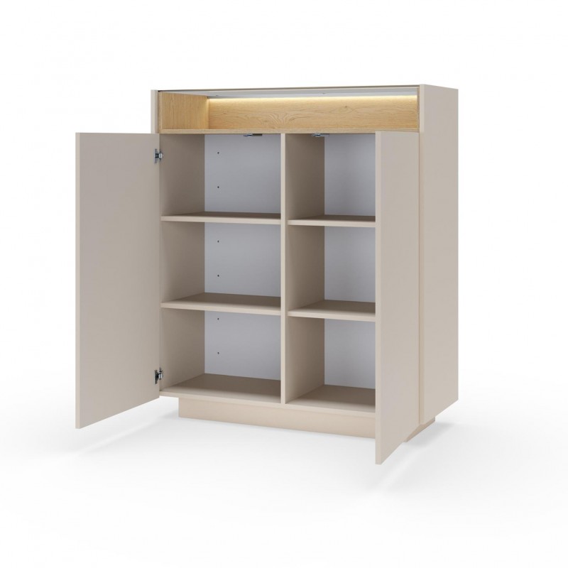 Hohe Kommode für das Wohnzimmer KIRO zweitürig mit Glasplatte LED Beige + Cremona Eiche 2/9