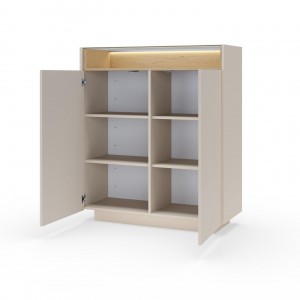 Hohe Kommode für das Wohnzimmer KIRO zweitürig mit Glasplatte LED Beige + Cremona Eiche 2/9