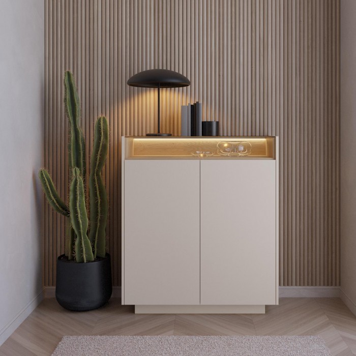 Hohe Kommode für das Wohnzimmer KIRO zweitürig mit Glasplatte LED Beige + Cremona Eiche