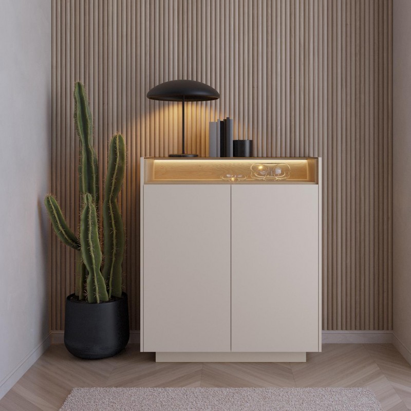 Hohe Kommode für das Wohnzimmer KIRO zweitürig mit Glasplatte LED Beige + Cremona Eiche 3/9