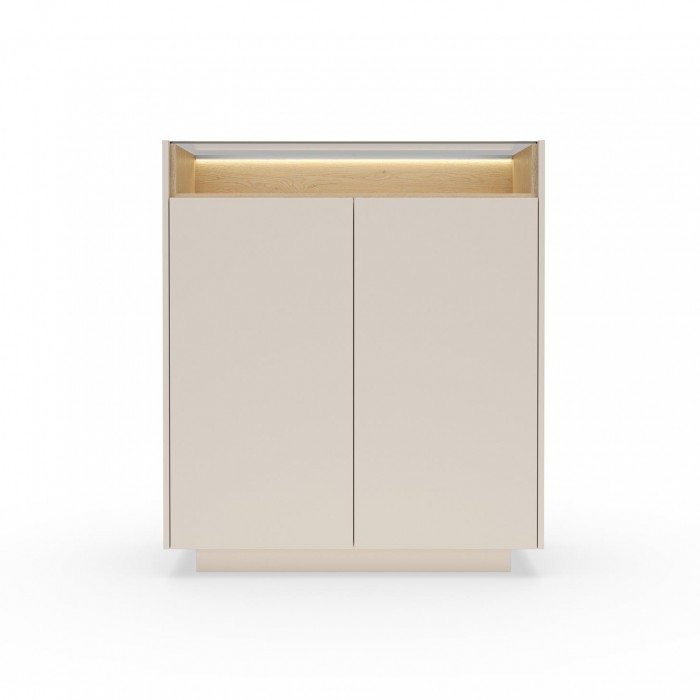 Hohe Kommode für das Wohnzimmer KIRO zweitürig mit Glasplatte LED Beige + Cremona Eiche