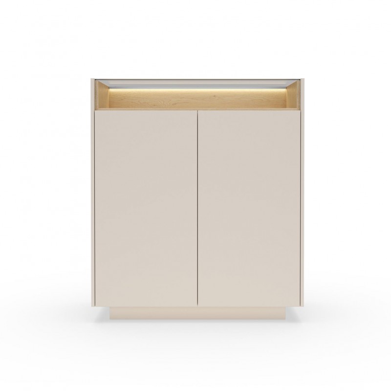 Hohe Kommode für das Wohnzimmer KIRO zweitürig mit Glasplatte LED Beige + Cremona Eiche 5/9
