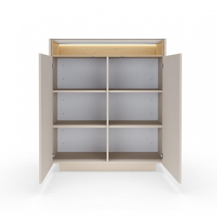 Hohe Kommode für das Wohnzimmer KIRO zweitürig mit Glasplatte LED Beige + Cremona Eiche