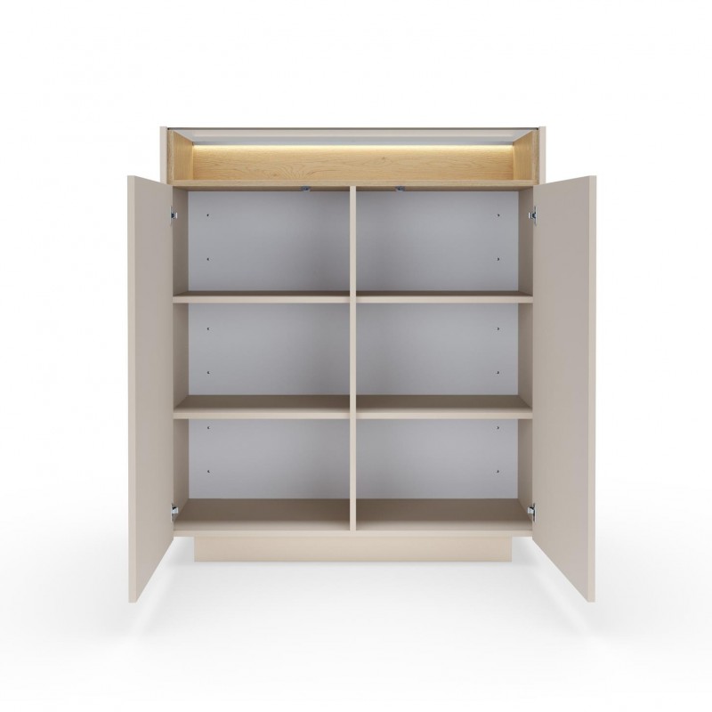 Hohe Kommode für das Wohnzimmer KIRO zweitürig mit Glasplatte LED Beige + Cremona Eiche 4/9