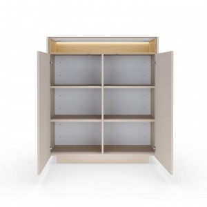 Hohe Kommode für das Wohnzimmer KIRO zweitürig mit Glasplatte LED Beige + Cremona Eiche 4/9