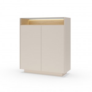 Hohe Kommode für das Wohnzimmer KIRO zweitürig mit Glasplatte LED Beige + Cremona Eiche 1/9