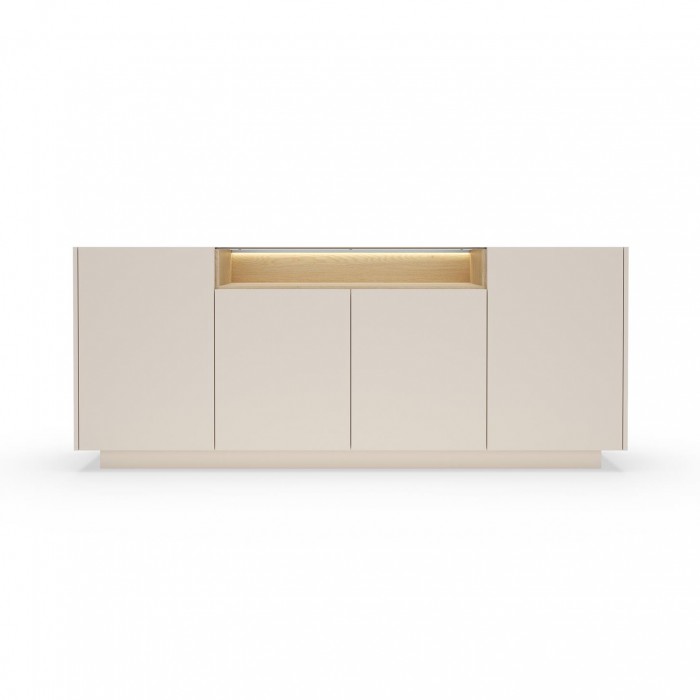Breite Kommode 203 cm KIRO viertürig mit LED-Beleuchtung Beige + Cremona Eiche