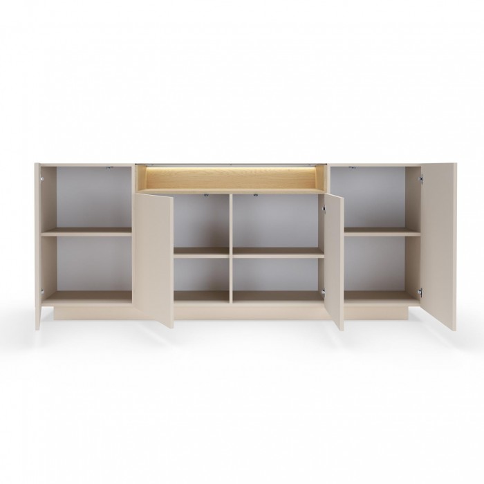 Breite Kommode 203 cm KIRO viertürig mit LED-Beleuchtung Beige + Cremona Eiche