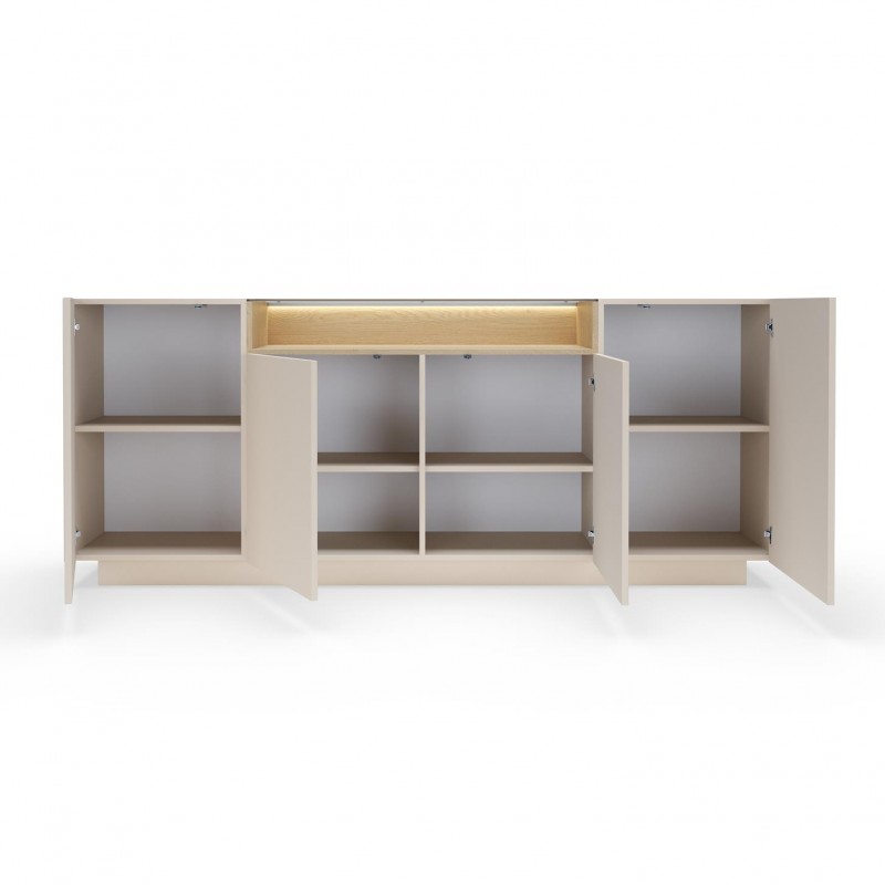 Breite Kommode 203 cm KIRO viertürig mit LED-Beleuchtung Beige + Cremona Eiche 7/9