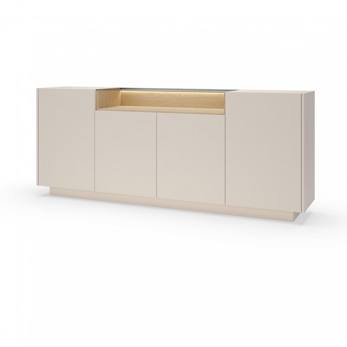 Breite Kommode 203 cm KIRO viertürig mit LED-Beleuchtung Beige + Cremona Eiche