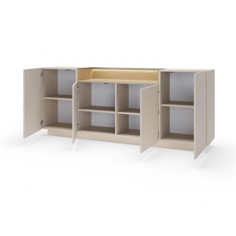 Breite Kommode 203 cm KIRO viertürig mit LED-Beleuchtung Beige + Cremona Eiche 2/9