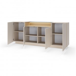 Breite Kommode 203 cm KIRO viertürig mit LED-Beleuchtung Beige + Cremona Eiche 2/9