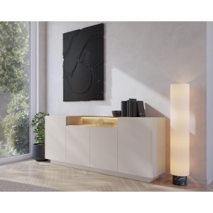 Breite Kommode 203 cm KIRO viertürig mit LED-Beleuchtung Beige + Cremona Eiche 3/9