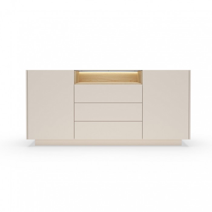 Kommode 176 cm KIRO zweitürig mit Schubladen und LED-Beleuchtung – Beige / Cremona Eiche