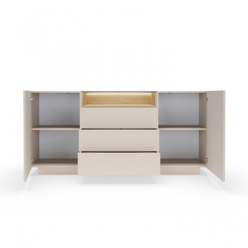 Kommode 176 cm KIRO zweitürig mit Schubladen und LED-Beleuchtung – Beige / Cremona Eiche 8/9