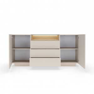 Kommode 176 cm KIRO zweitürig mit Schubladen und LED-Beleuchtung – Beige / Cremona Eiche 8/9