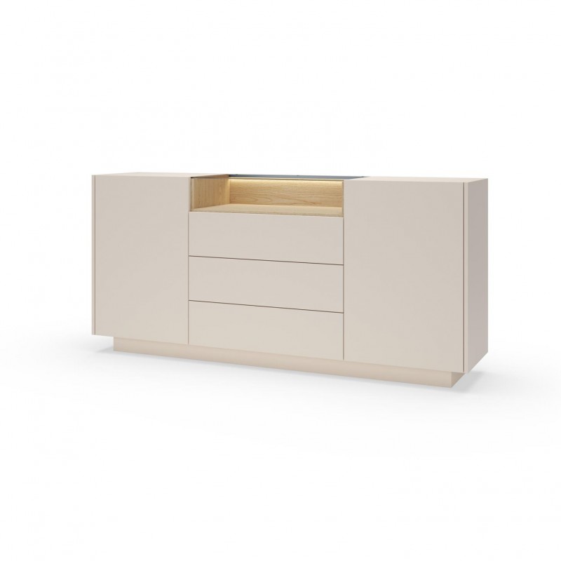 Kommode 176 cm KIRO zweitürig mit Schubladen und LED-Beleuchtung – Beige / Cremona Eiche 1/9