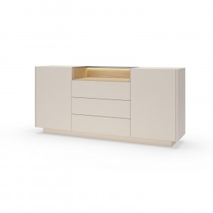 Kommode 176 cm KIRO zweitürig mit Schubladen und LED-Beleuchtung – Beige / Cremona Eiche 1/9