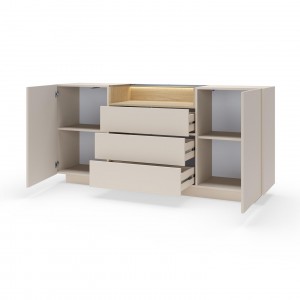Kommode 176 cm KIRO zweitürig mit Schubladen und LED-Beleuchtung – Beige / Cremona Eiche 2/9