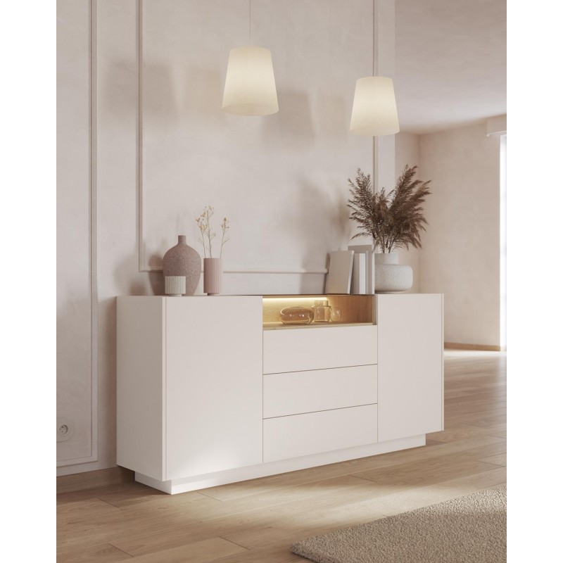 Kommode 176 cm KIRO zweitürig mit Schubladen und LED-Beleuchtung – Beige / Cremona Eiche 3/9