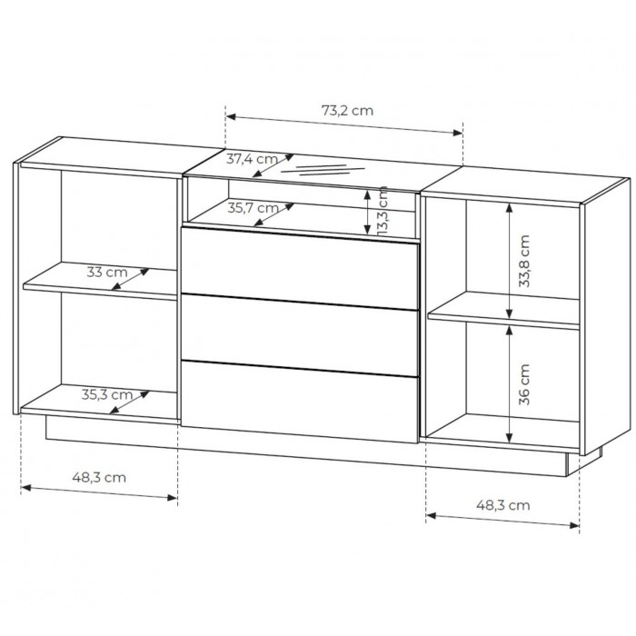 Kommode 176 cm KIRO zweitürig mit Schubladen und LED-Beleuchtung – Beige / Cremona Eiche