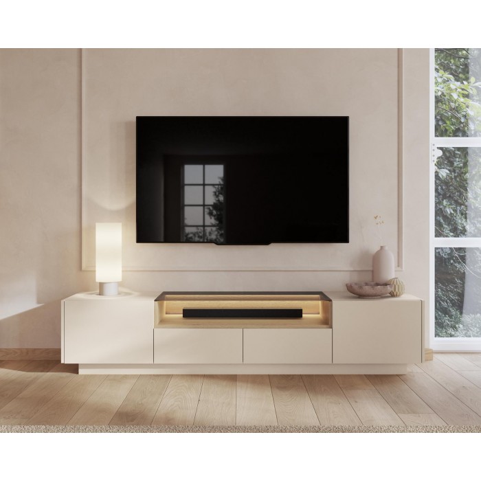 KIRO TV-Lowboard 203 cm mit LED & Glas, 2 Türen 2 Schubladen, Kakao / Eiche