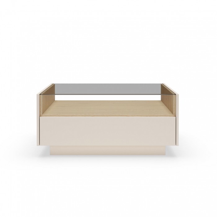 Couchtisch 96x67 cm KIRO mit zwei Schubladen und Glasplatte fürs Wohnzimmer Beige / Cremona Eiche