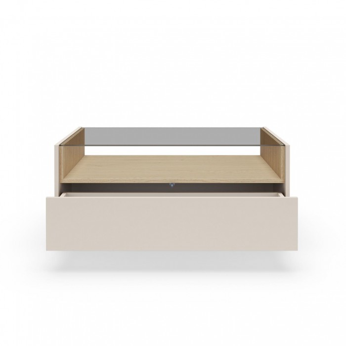 Couchtisch 96x67 cm KIRO mit zwei Schubladen und Glasplatte fürs Wohnzimmer Beige / Cremona Eiche