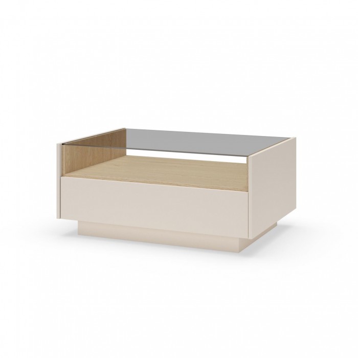 Couchtisch 96x67 cm KIRO mit zwei Schubladen und Glasplatte fürs Wohnzimmer Beige / Cremona Eiche