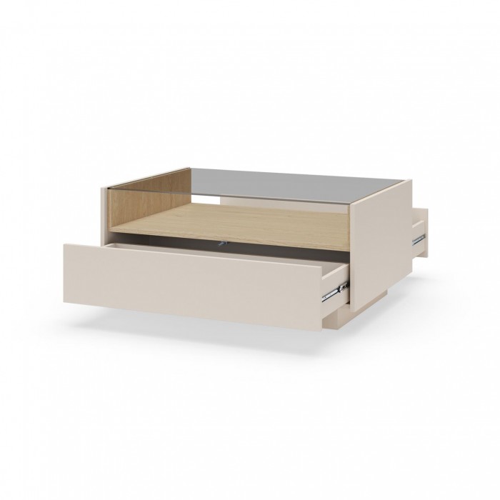 Couchtisch 96x67 cm KIRO mit zwei Schubladen und Glasplatte fürs Wohnzimmer Beige / Cremona Eiche