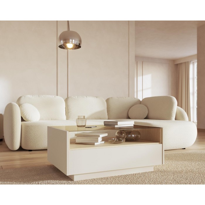 Couchtisch 96x67 cm KIRO mit zwei Schubladen und Glasplatte fürs Wohnzimmer Beige / Cremona Eiche