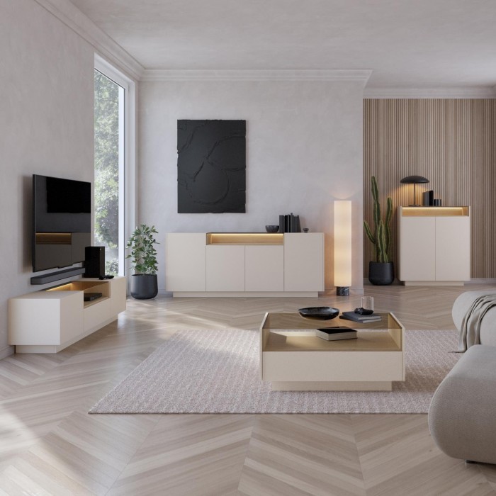 Couchtisch 96x67 cm KIRO mit zwei Schubladen und Glasplatte fürs Wohnzimmer Beige / Cremona Eiche