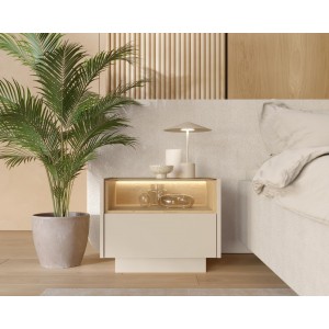Nachttisch mit LED-Beleuchtung KIRO 53cm Glasplatte Nachtschrank mit Schublade Beige / Cremona Eiche 3/9