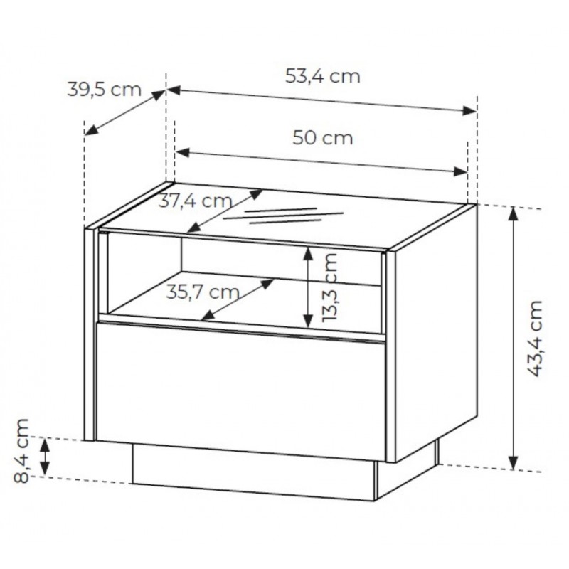 Nachttisch mit LED-Beleuchtung KIRO 53cm Glasplatte Nachtschrank mit Schublade Beige / Cremona Eiche 4/9