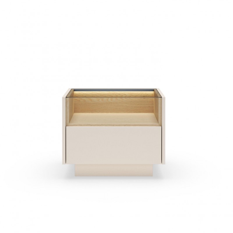Nachttisch mit LED-Beleuchtung KIRO 53cm Glasplatte Nachtschrank mit Schublade Beige / Cremona Eiche 6/9