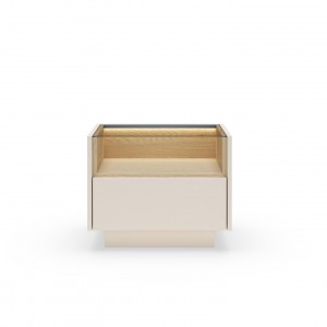 Nachttisch mit LED-Beleuchtung KIRO 53cm Glasplatte Nachtschrank mit Schublade Beige / Cremona Eiche 6/9