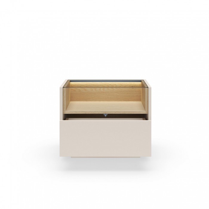 Nachttisch mit LED-Beleuchtung KIRO 53cm Glasplatte Nachtschrank mit Schublade Beige / Cremona Eiche
