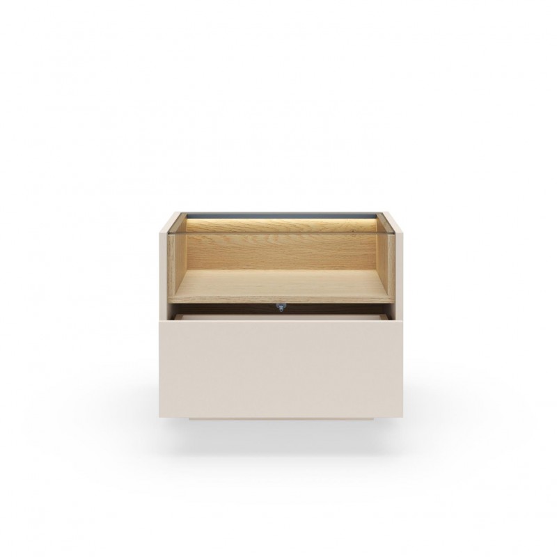 Nachttisch mit LED-Beleuchtung KIRO 53cm Glasplatte Nachtschrank mit Schublade Beige / Cremona Eiche 7/9