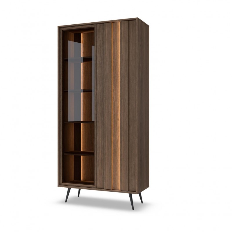 Zweitürige LED-Vitrine FARO 93,5x196 cm – Eleganter Glasschrank Eiche Braun mit Soft-Close und Push-to-Open für Wohnzimmer 1/9