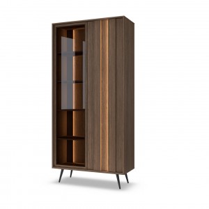 Zweitürige LED-Vitrine FARO 93,5x196 cm – Eleganter Glasschrank Eiche Braun mit Soft-Close und Push-to-Open für Wohnzimmer 1/9