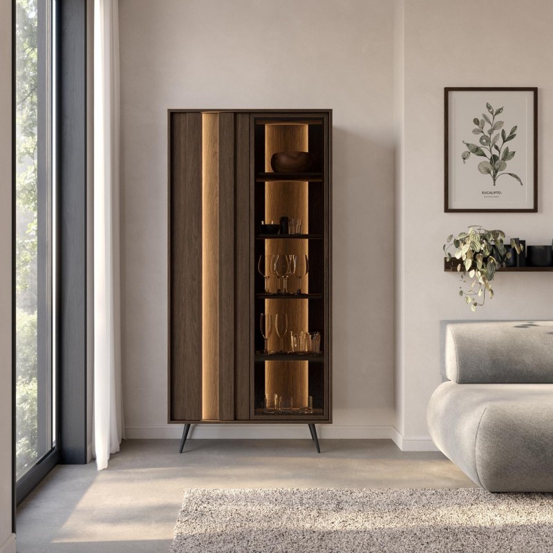 Zweitürige LED-Vitrine FARO 93,5x196 cm – Eleganter Glasschrank Eiche Braun mit Soft-Close und Push-to-Open für Wohnzimmer 2/9