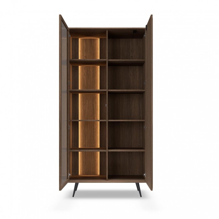 Zweitürige LED-Vitrine FARO 93,5x196 cm – Eleganter Glasschrank Eiche Braun mit Soft-Close und Push-to-Open für Wohnzimmer