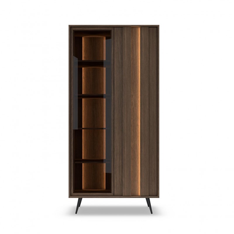 Zweitürige LED-Vitrine FARO 93,5x196 cm – Eleganter Glasschrank Eiche Braun mit Soft-Close und Push-to-Open für Wohnzimmer 4/9
